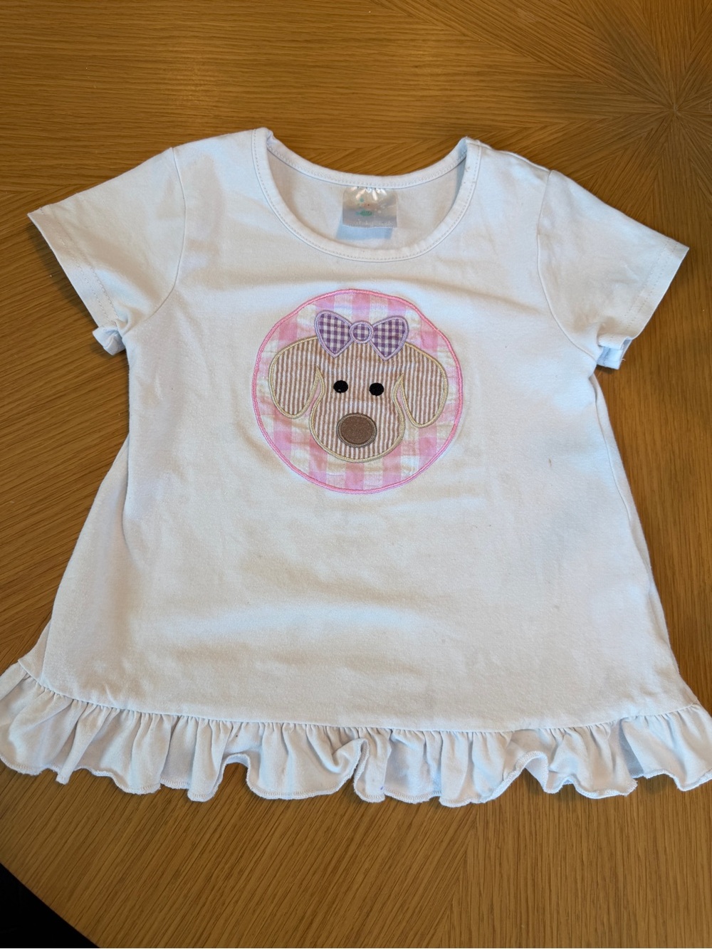 3T Stitchy Fish Girls' White Ruffle Hem Tee with Pink Puppy Applique
